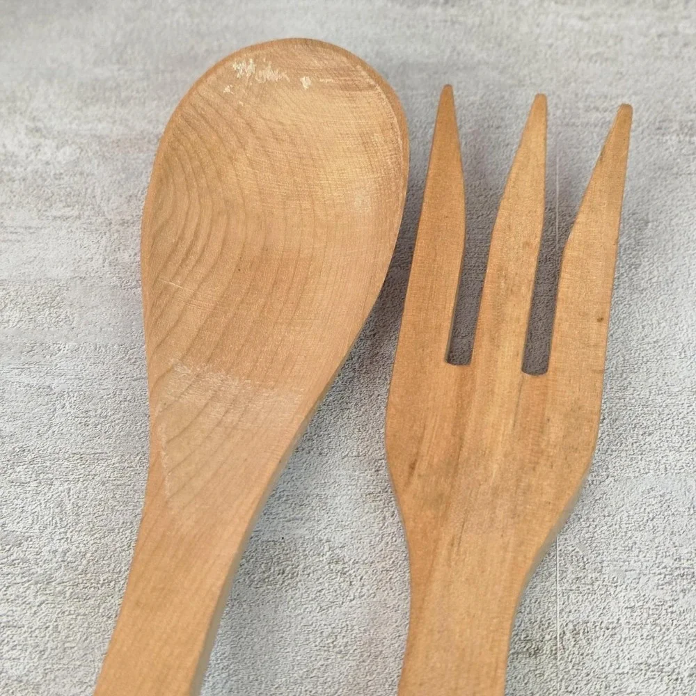 Vintage Primitive Wooden Salad Spoon Fork Set Marked  Made in Occupied Japan MCM